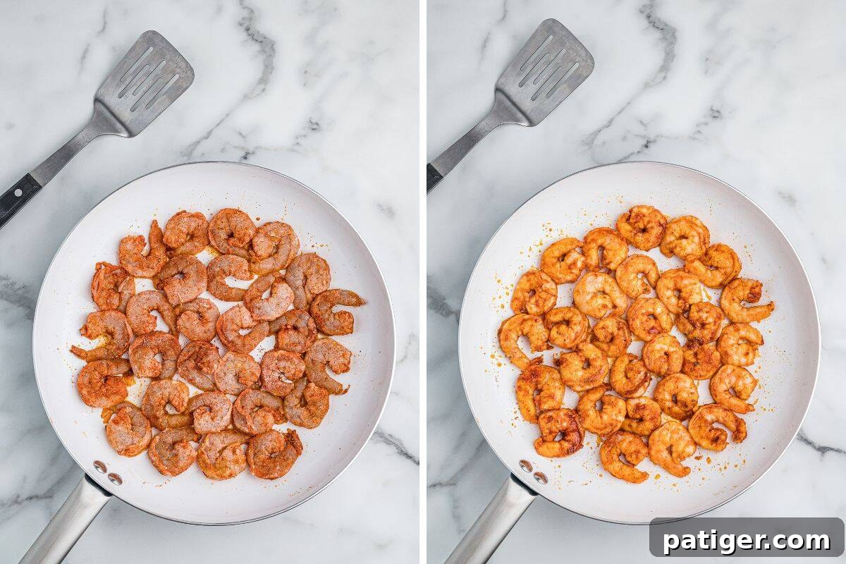 Loaded Cheesy Shrimp Grits 7 Two images of shrimp in a white skillet. The left image shows raw, seasoned shrimp arranged in a single layer. The right image shows the shrimp fully cooked with a golden-orange color.
