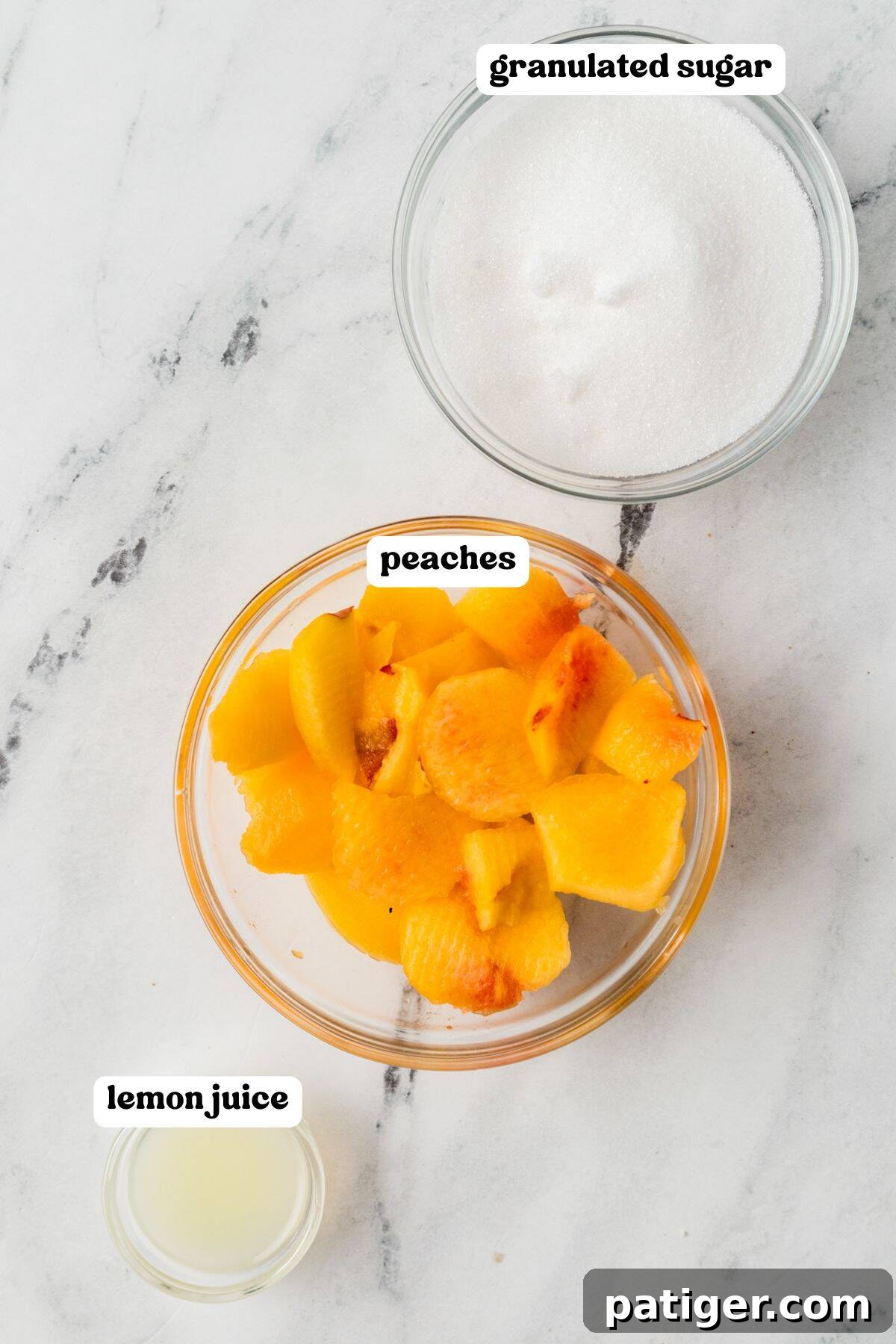  Three labeled bowls containing chopped peaches, granulated sugar, and lemon juice.