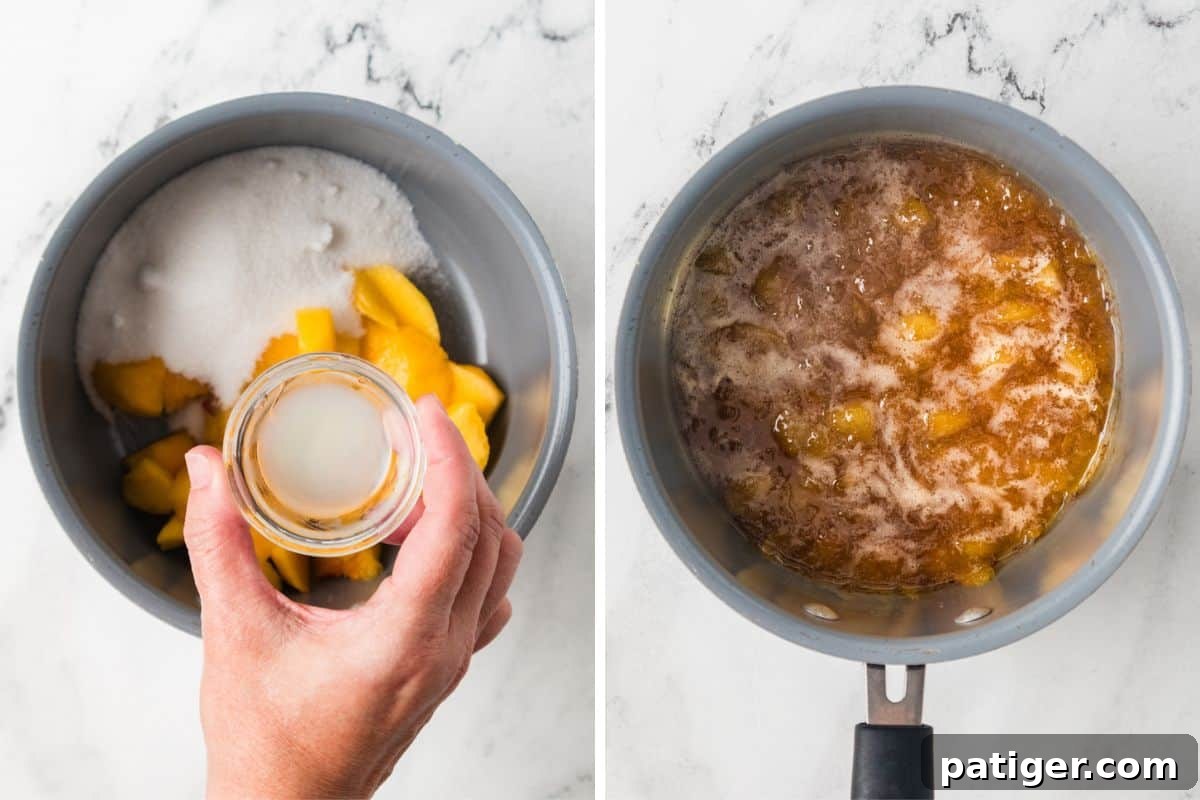 Two side-by-side images showing the jam making process: the left image shows a hand holding lemon juice above a pot containing peaches and sugar, and the right image shows the mixture simmering and bubbling in the pot.