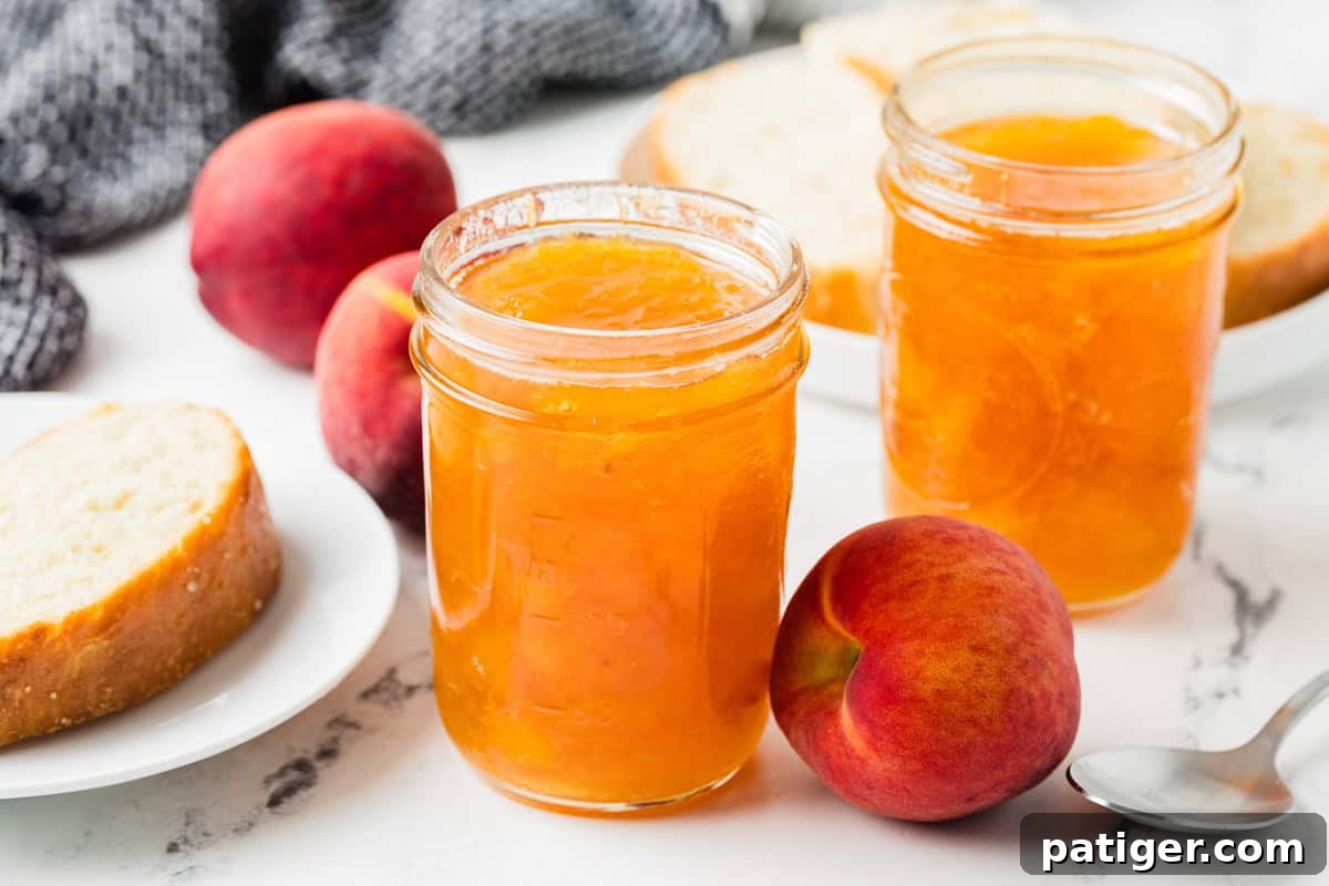 Two jars of peach jam placed on a marble surface with whole peaches, a spoon, and a plate with sliced bread in the background.