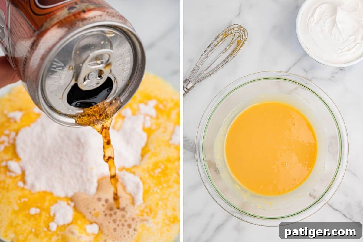 Root beer is poured into a bowl of batter and dry ingredients; second image shows the smooth yellow batter next to a whisk and whipped topping.