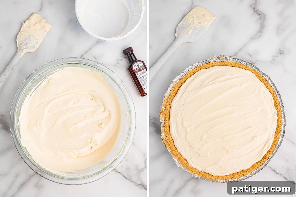 Creamy root beer float pie filling in a glass bowl with spatula, next to a graham cracker crust filled with the same mixture.