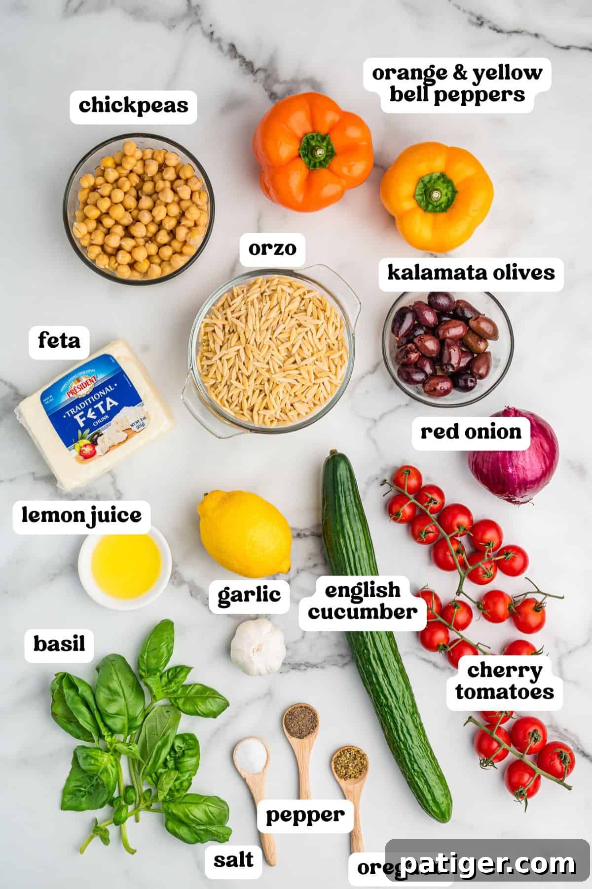 Overhead image showing individual ingredients for orzo salad, each labeled: chickpeas, orange and yellow bell peppers, orzo, kalamata olives, red onion, cherry tomatoes, English cucumber, garlic, lemon juice, feta cheese, basil, salt, pepper, and oregano, all laid out neatly on a marble background.