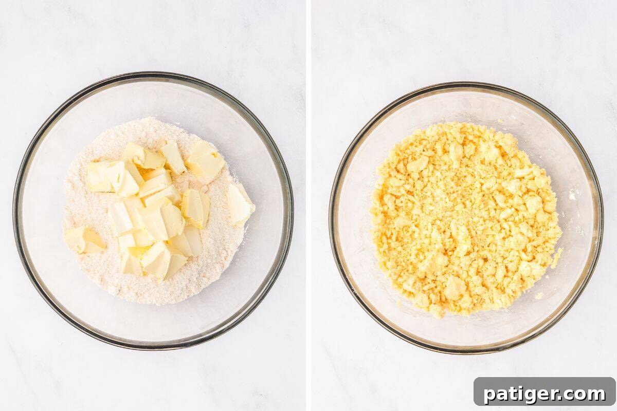 Two side-by-side bowls demonstrate the process of making the cake mix topping. The left bowl shows dry yellow cake mix and cubes of cold butter before mixing. The right bowl shows the mixture after being worked together, now resembling fine, sandy crumbs.