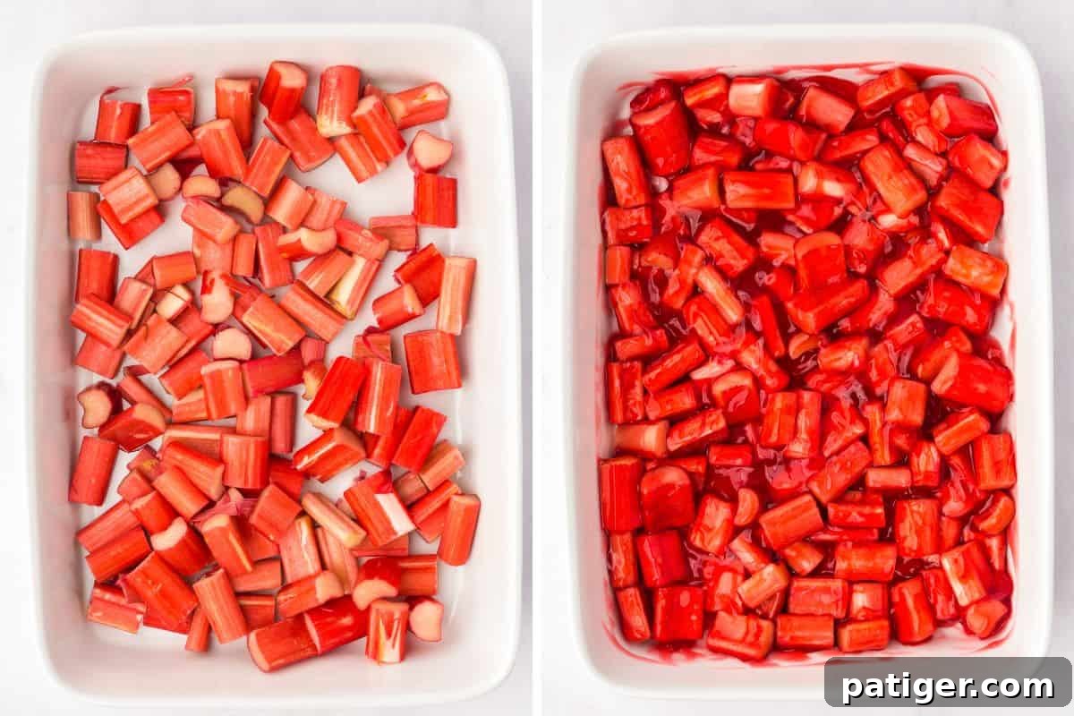 Two side-by-side images illustrating the preparation of the fruit filling. The left image shows an even layer of chopped rhubarb in a white baking dish. The right image shows the same rhubarb now coated and mixed with vibrant strawberry jelly, ready for the topping.