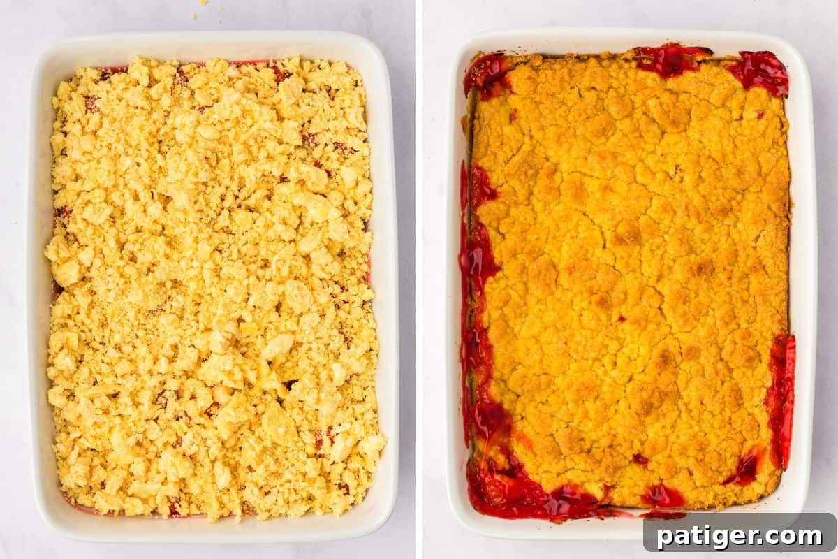 A visual comparison of the dump cake before and after baking. The left image displays the unbaked cake in a white baking dish, topped with an even layer of the pale yellow cake mix crumble. The right image shows the baked cake with a rich golden-brown, bubbly crust and bright red fruit filling peeking around the edges.