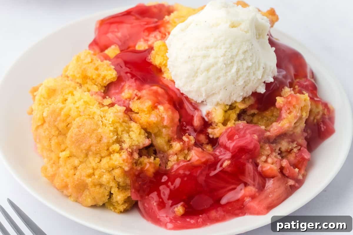 A plated serving of rhubarb dump cake, showcasing its rich red filling and golden crumbly topping, perfectly paired with a scoop of vanilla ice cream. This image highlights the ease and deliciousness of this simple rhubarb dessert.