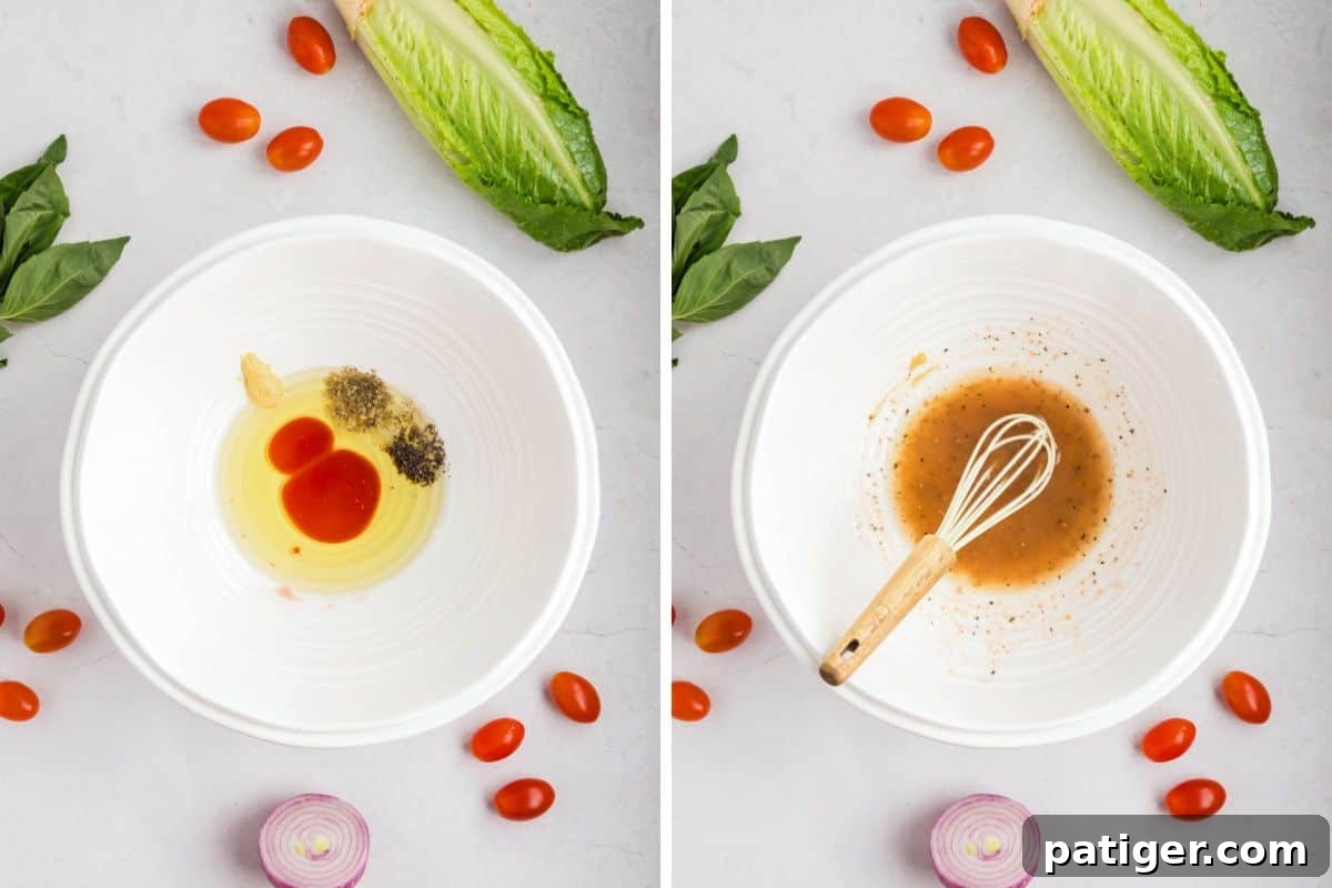 Side-by-side images showing vinaigrette ingredients before and after whisking together.