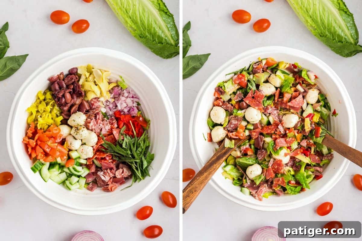 Side-by-side image of a white bowl with neatly arranged antipasto salad ingredients on the left, and the fully mixed salad with mozzarella balls and wooden serving utensils on the right.
