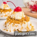 Fried ice cream cake on a white plate, coated in a crispy golden crust, topped with whipped cream, caramel drizzle, and a maraschino cherry.