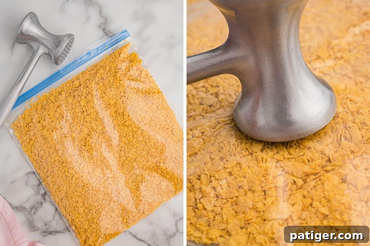 Golden Fried Ice Cream 5 Side-by-side image showing whole cornflakes in a sealed plastic bag with a metal meat mallet beside it on the left, and a close-up on the right of the mallet pressing down to crush the flakes through the bag.