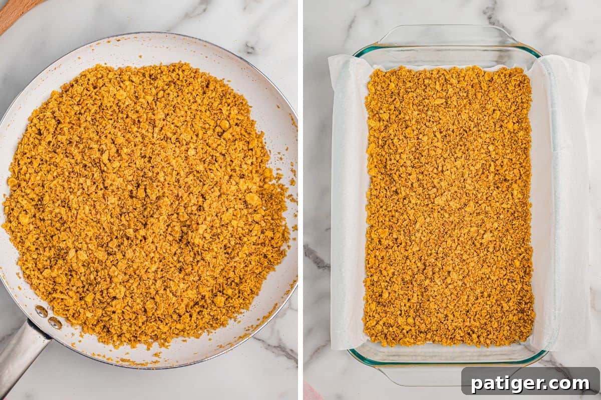 Golden Fried Ice Cream 6 Side-by-side image showing golden toasted cornflake mixture in a skillet on the left, and the same mixture spread evenly in a parchment-lined baking dish on the right.