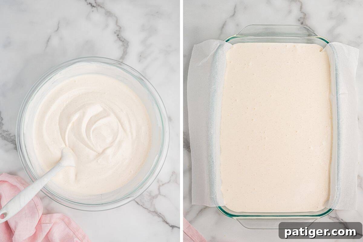 Golden Fried Ice Cream 7 Two image collage of ice cream mixture in a bowl and spread in a lined glass dish.