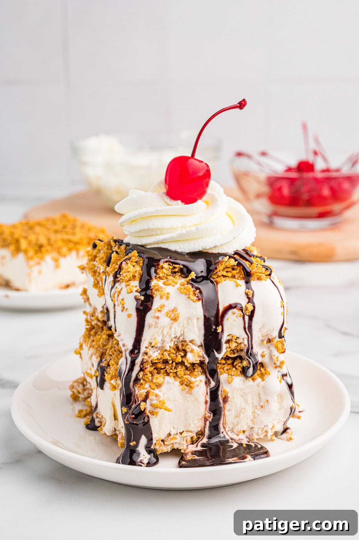Golden Fried Ice Cream 9 Fried ice cream dessert topped with chocolate syrup, whipped cream, and a cherry.
