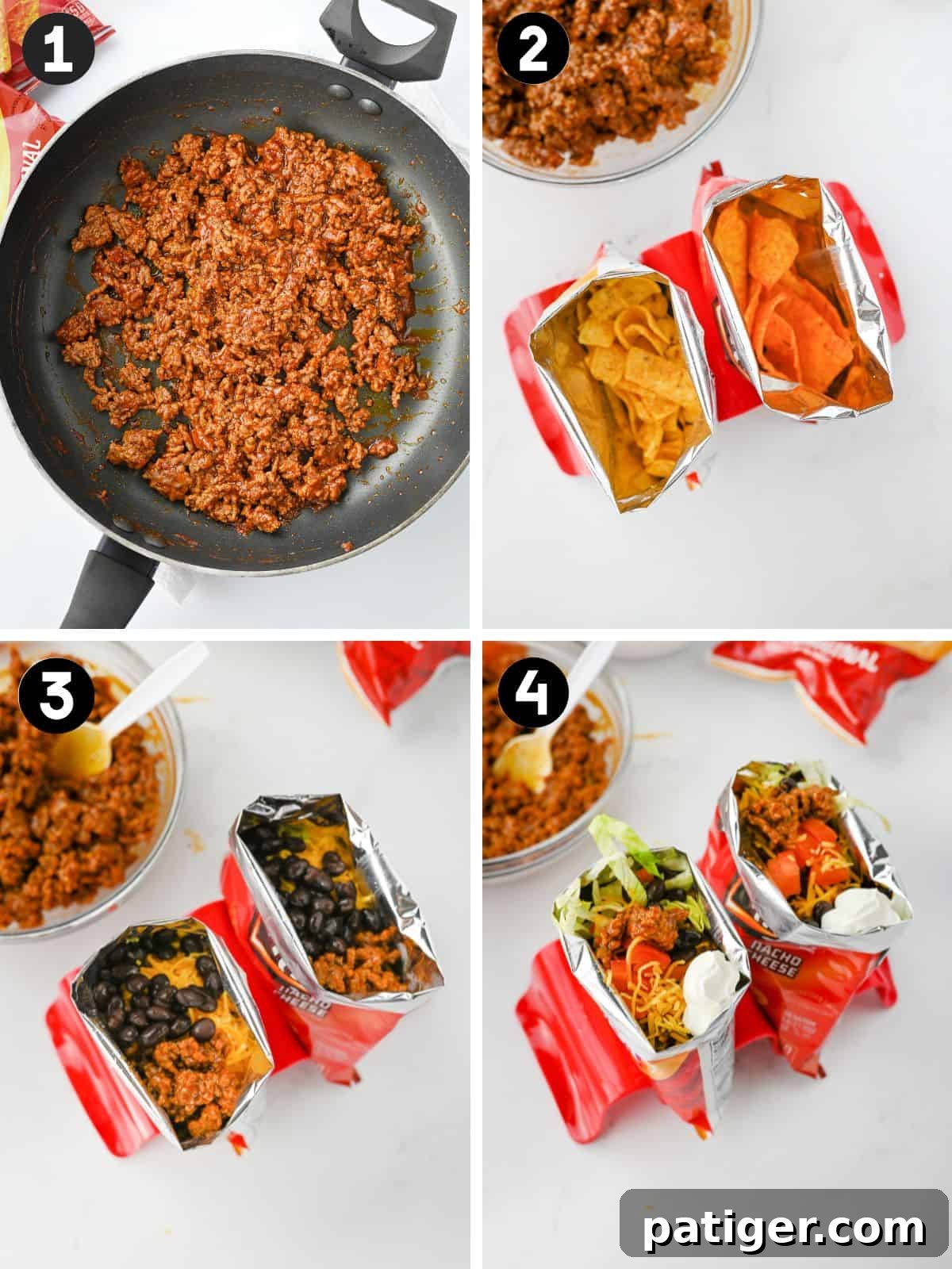 A four-panel image illustrating the process of making walking tacos. The first panel shows seasoned ground beef simmering in a skillet. The second displays open bags of Fritos and Doritos. The third features chip bags filled with meat and black beans. The final panel shows the completed walking tacos adorned with lettuce, cheese, sour cream, and diced tomatoes.