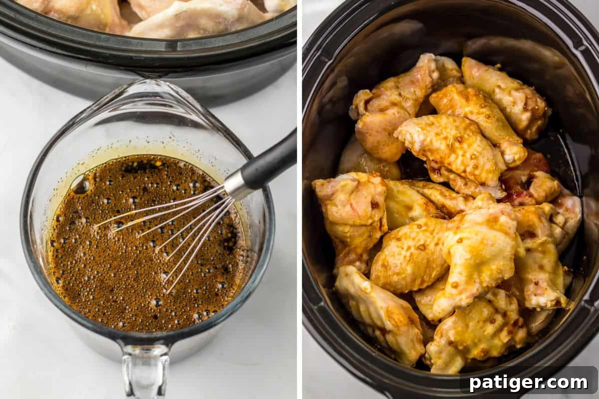 Split image showing a whisk in a glass measuring cup filled with dark, glossy sauce on the left, and raw chicken wings generously coated in the rich marinade inside a crockpot on the right. These images depict the sauce preparation and initial coating stages of the recipe.