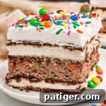 Slice of ice cream sandwich cake with sprinkles and M&Ms on top.