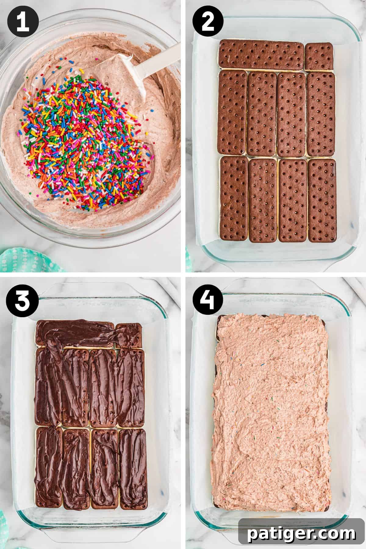 4 image collage showing a bowl of chocolate whipped filling with sprinkles and a 9 x 13 inch baking dish with layers of ice cream sandwiches, chocolate sauce, and chocolate whipped topping.