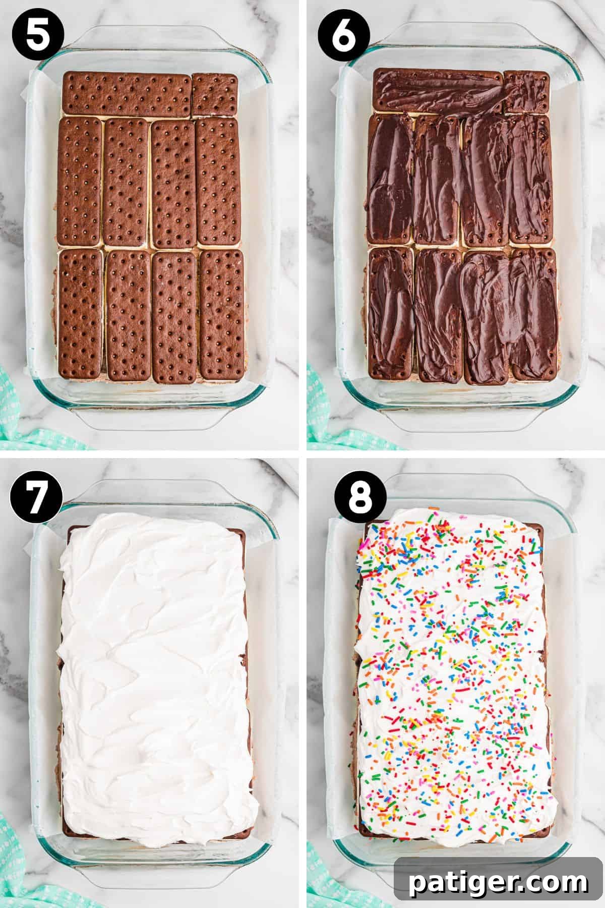 4 image collage showing a 9 x 13 inch baking dish with layers of ice cream sandwiches, hot fudge, whipped topping, and sprinkles over the top.