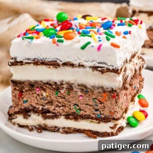 Slice of ice cream sandwich cake with sprinkles and M&Ms on top.