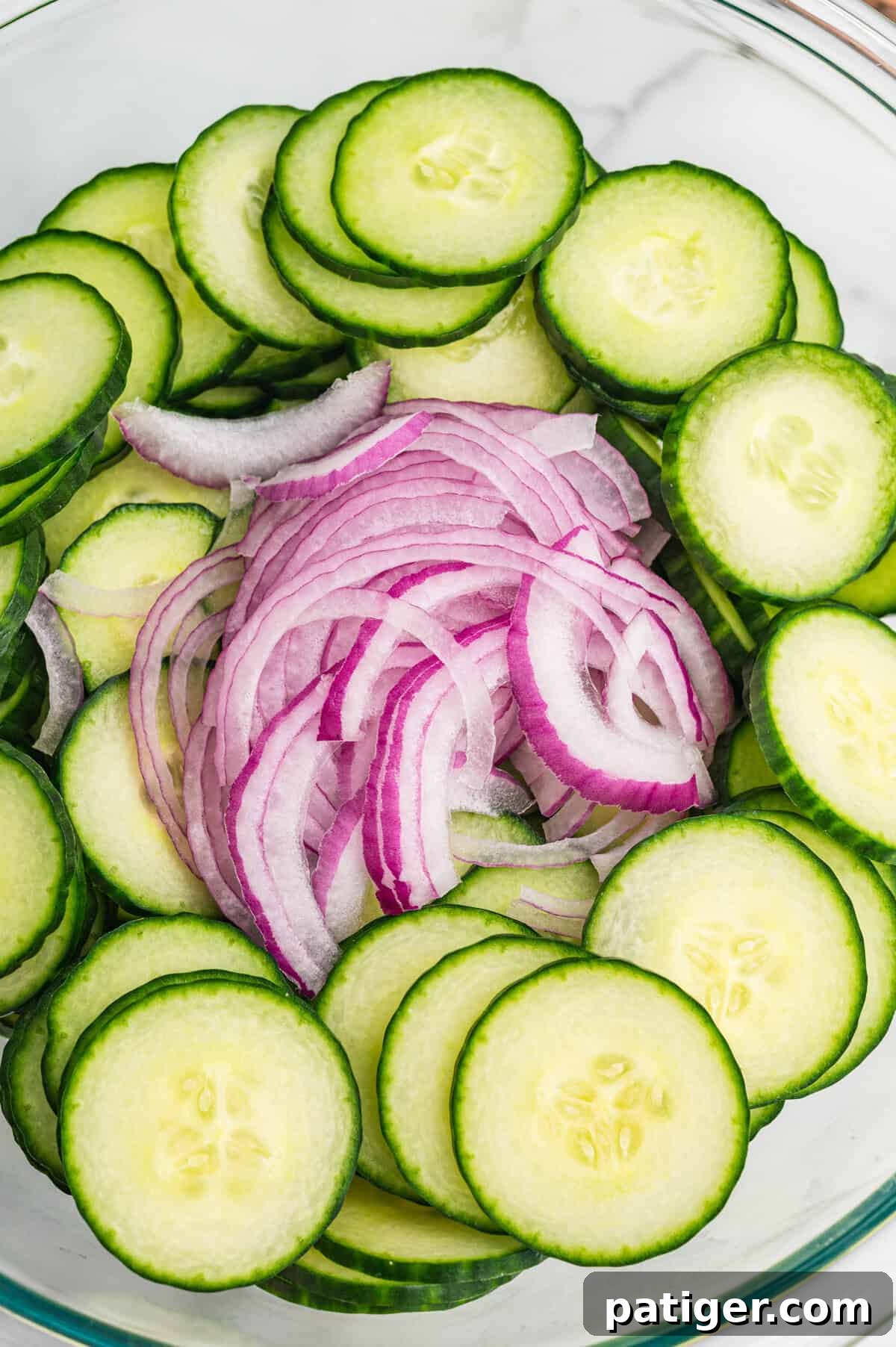 Overhead view of a glass bowl filled with thinly sliced cucumbers and red onions arranged in separate piles before mixing.