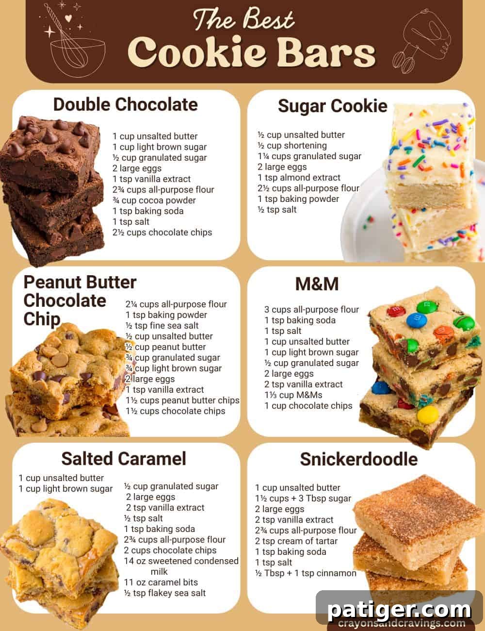 The best cookie bar recipes including M&M bars, sugar cookie bars, double chocolate bars, snickerdoodle bars, and salted caramel bars. 