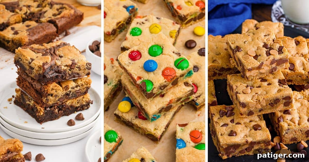 Collage with various types of cookie bars including brookies, M&Ms, and peanut butter chips.