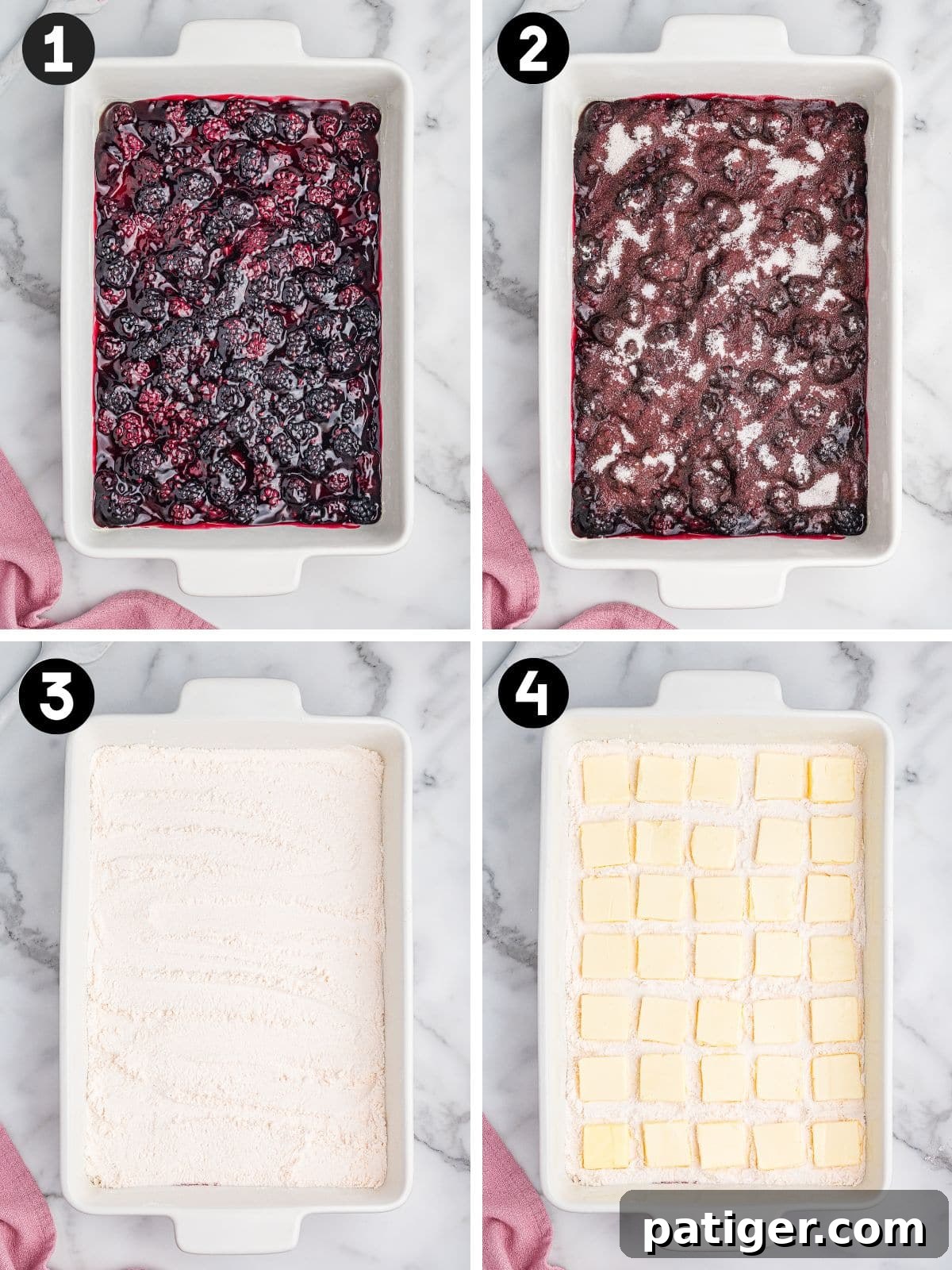 A step-by-step visual guide showing the assembly of blackberry dump cake in a 9x13 inch baking dish: First, blackberry filling is spread. Second, sugar is sprinkled. Third, dry cake mix forms a layer. Fourth, thin slices of butter are arranged over the cake mix.