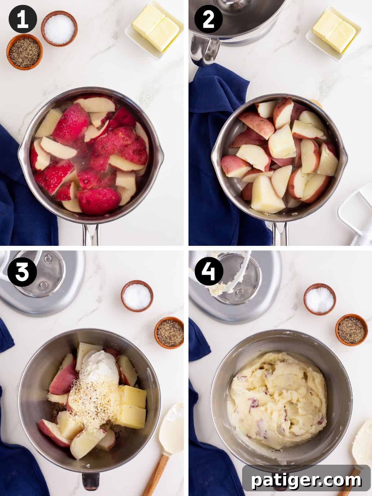 Rustic Red Potato Mash 4 Four-image collage showing steps to make skin on mashed red potatoes: (1) raw red potatoes in boiling water, (2) drained cooked potatoes, (3) potatoes in mixing bowl with butter, sour cream, cheese, and seasoning, (4) finished mashed potatoes with visible red skins in mixing bowl.