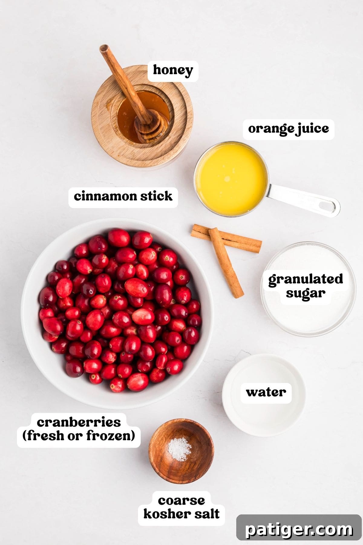 Ingredients for cranberry sauce: a bowl of cranberries labeled “cranberries (fresh or frozen),” orange juice, granulated sugar, water, coarse kosher salt, honey, and cinnamon sticks. 