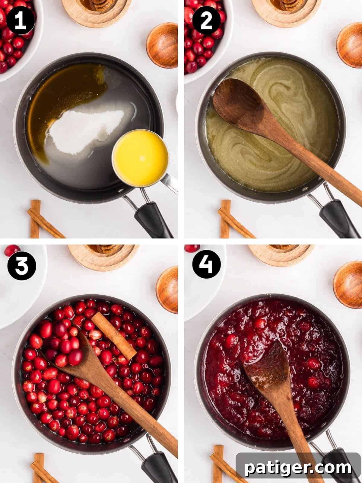 Collage with four steps for making homemade cranberry sauce. Step 1 shows ingredients in a saucepan. Step 2 has the mixture stirred smooth. Step 3 adds cranberries and a cinnamon stick. Step 4 shows thickened red sauce.