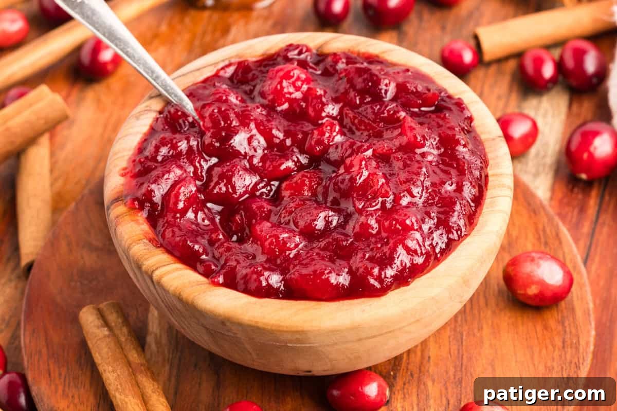 Spoon resting in a bowl of thick cranberry sauce with whole cranberries. Cinnamon sticks and fresh cranberries are spread about the bowl.