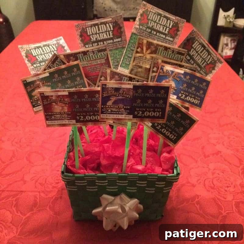 Holiday scratch off tickets arranged into a beautiful gift basket bouquet.