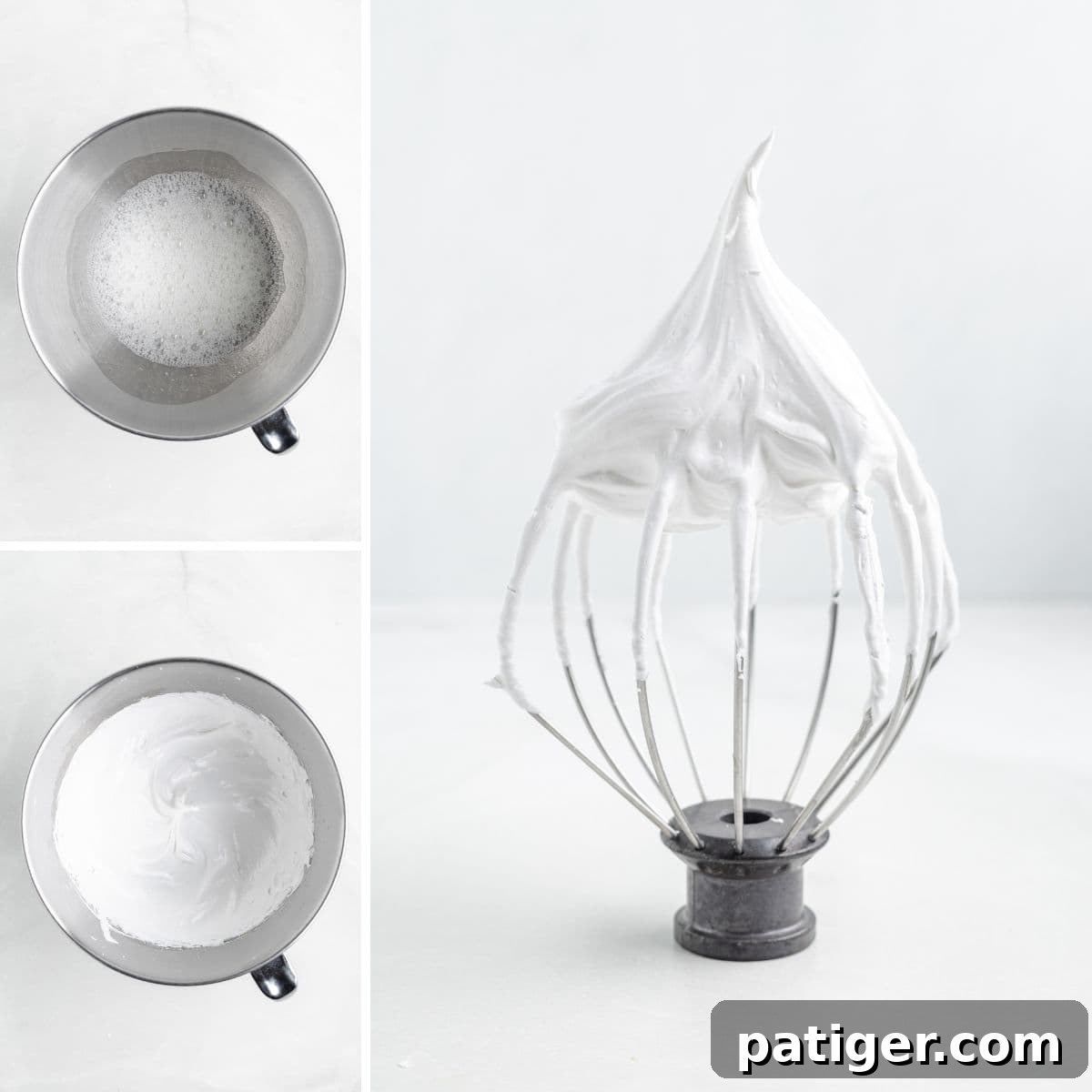 Collage image showing the process of making meringue. Top-left: a metal mixing bowl with frothy egg whites. Bottom-left: a bowl of glossy, whipped meringue. Right: a whisk attachment covered in stiff, white meringue forming a peak.