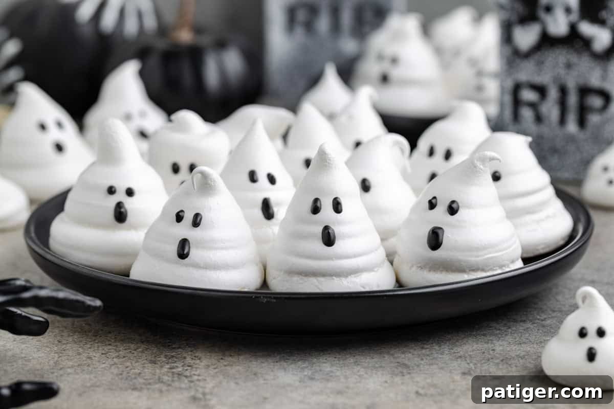 Ghost meringues on a plate with Halloween decorations in the background.