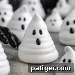 Ghost meringue cookie with a black gloved hand reaching toward it.Ghost meringue in foreground with a black gloved hand reaching toward it. More ghost meringues are in the background.
