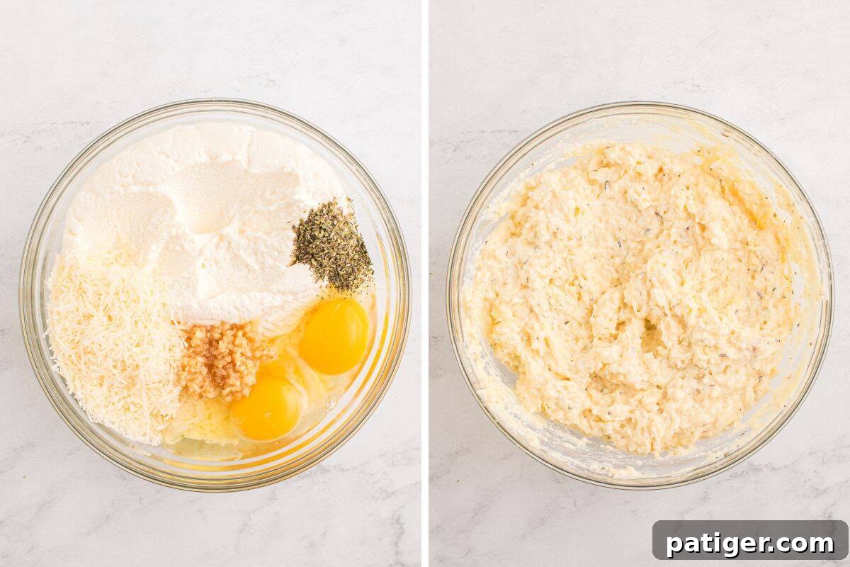 Two images of a glass bowl. Left shows unmixed filling ingredients: ricotta, parmesan, shredded mozzarella, eggs, garlic, and Italian seasoning. Right shows the ingredients fully mixed into a smooth cheese filling.