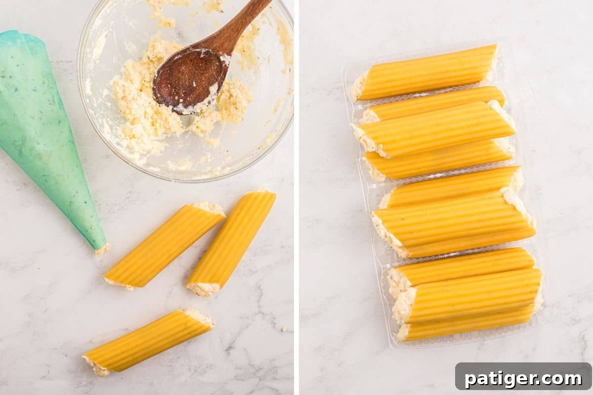 Two side-by-side images. Left side shows a mixing bowl with cheese filling and a piping bag beside partially filled manicotti shells. Right side shows a tray of fully stuffed manicotti lined up neatly.