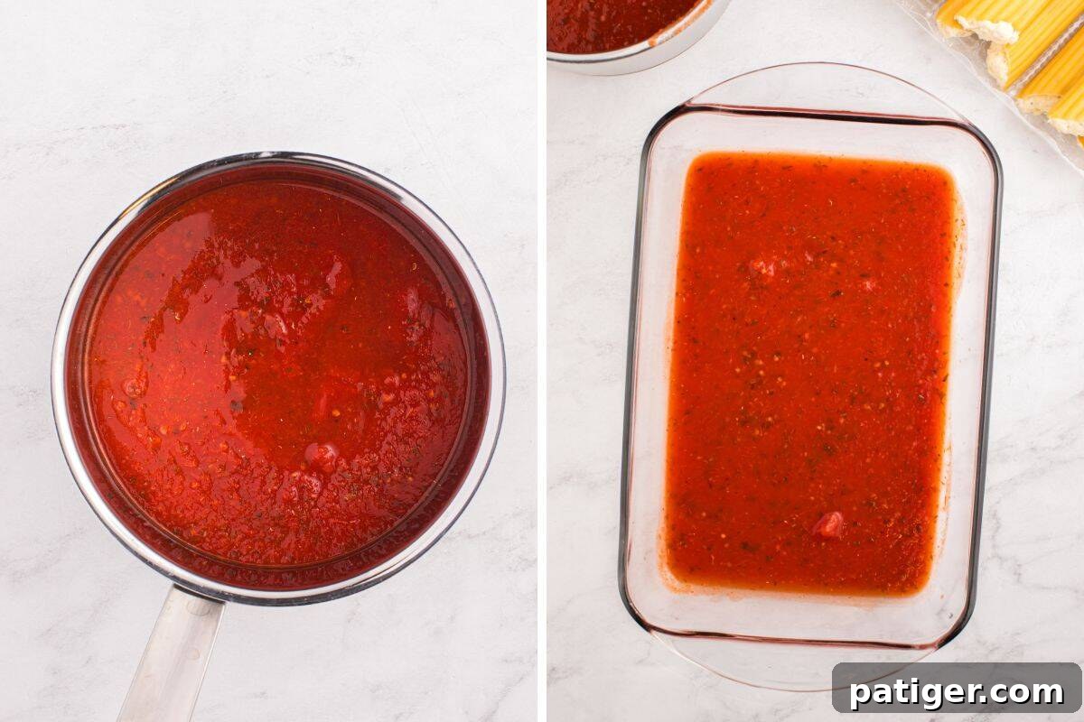 Pasta sauce in pan and spread in bottom of glass baking dish.
