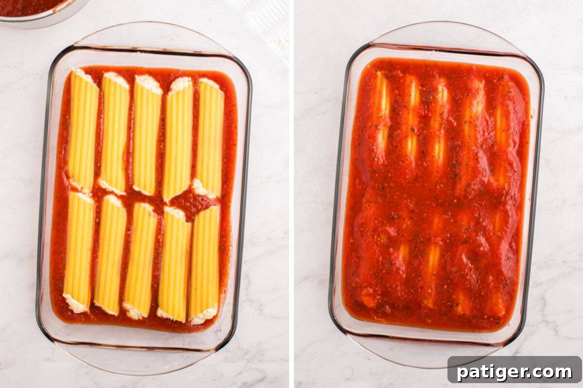Two images of a glass baking dish. Left shows uncooked stuffed manicotti arranged in tomato sauce. Right shows the same pasta fully covered with sauce, ready for baking.