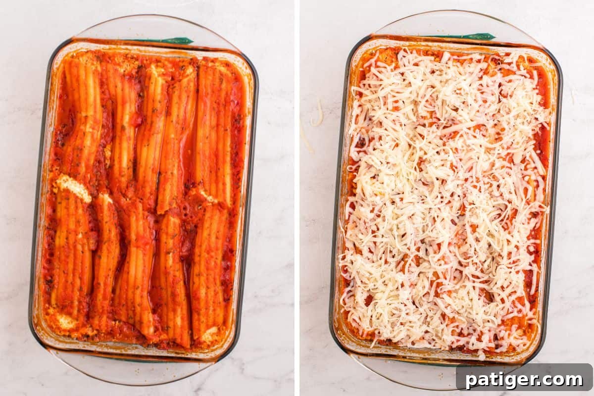 Two side-by-side images. Left shows baked manicotti in red sauce with cheese slightly visible at the ends. Right shows the same dish topped generously with shredded mozzarella before final baking.