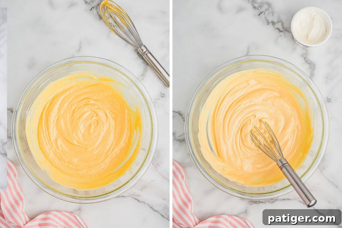 Two bowls of pudding base for banana pudding with strawberries. The left shows freshly whisked vanilla pudding; the right shows a creamier version after sour cream is mixed in.