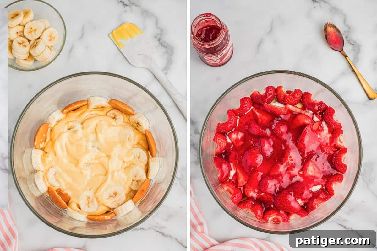 Two images of a trifle bowl showing strawberry banana pudding in progress: the left image features pudding, sliced bananas, and wafers; the right image shows a strawberry layer with strawberry preserves. A spatula and jar of preserves are visible nearby.
