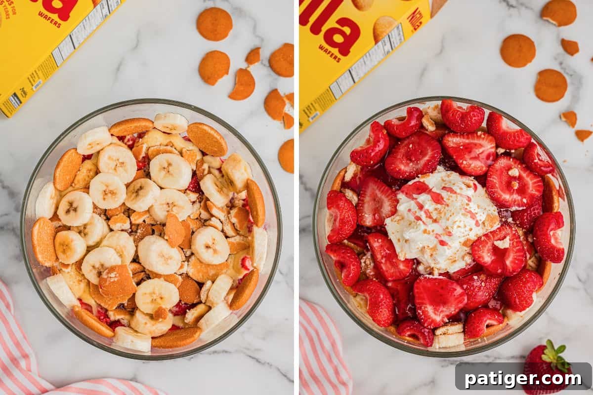Collage pin with two overhead images of banana pudding with strawberries: the left shows a bowl layered with sliced bananas and Nilla wafers; the right shows a finished top layer of strawberries and whipped cream. 