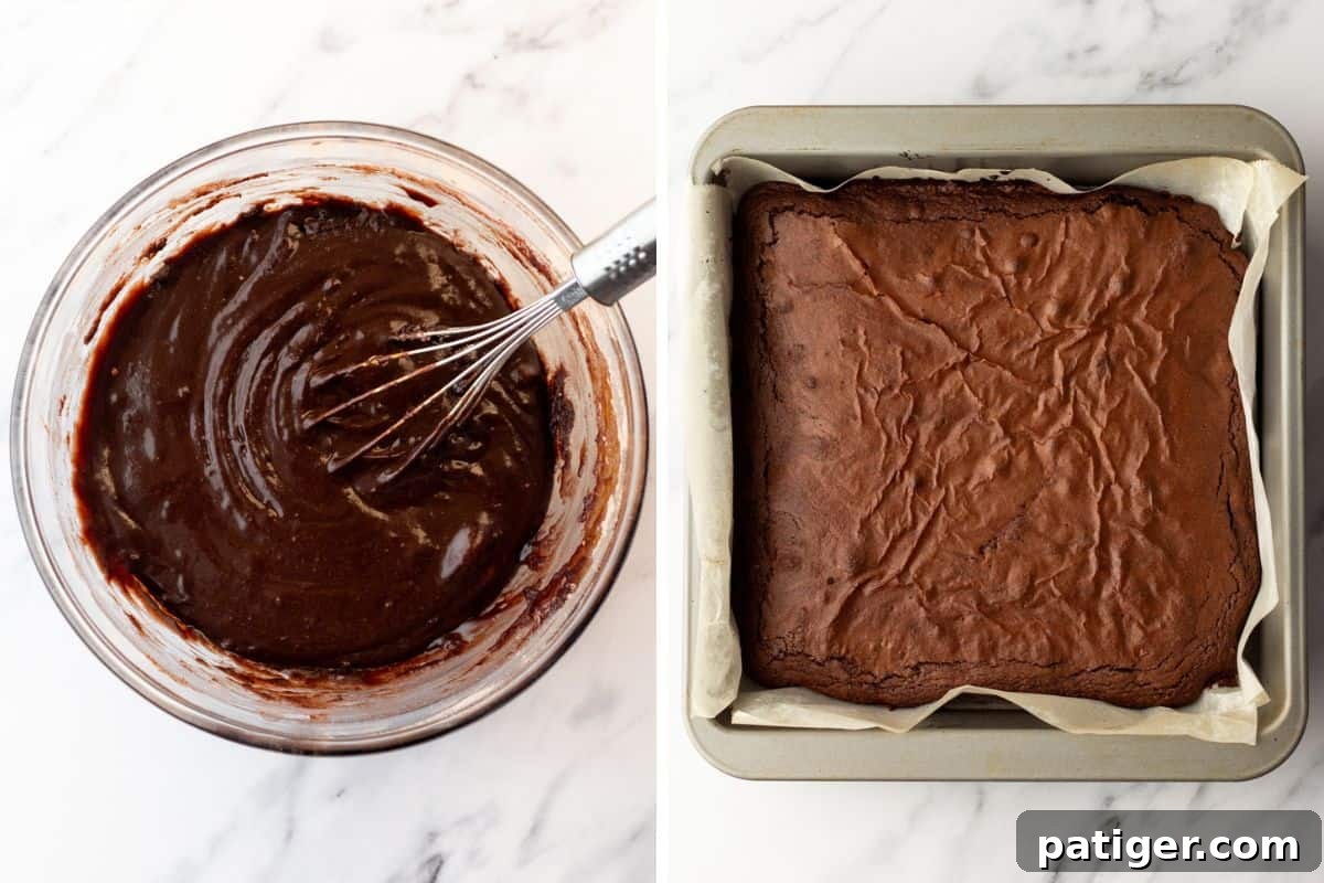 Decadent Buckeye Brownies 5 Side-by-side of brownie batter and baked brownies in a square pan.