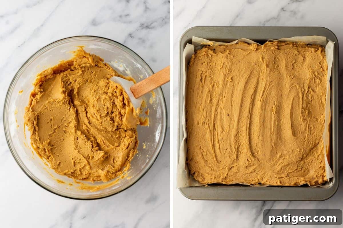 Decadent Buckeye Brownies 6 Side-by-side of peanut butter mixture and spread layer.