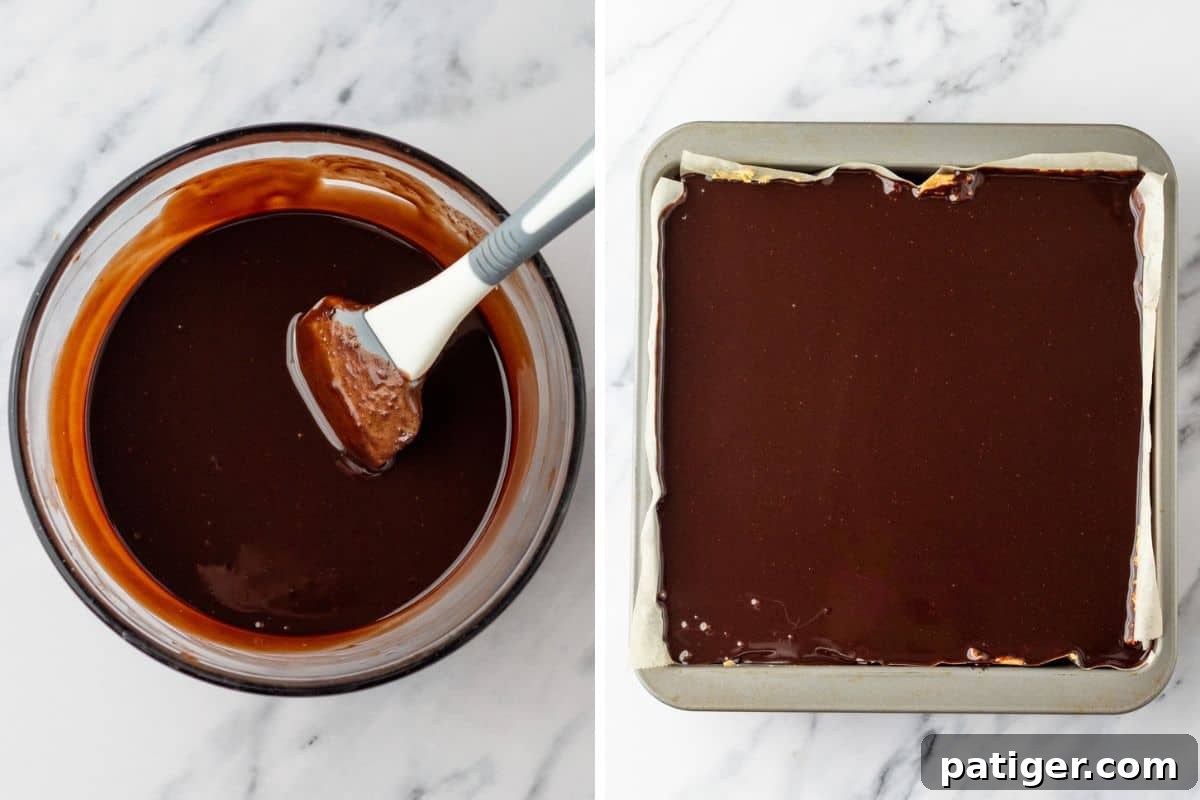 Decadent Buckeye Brownies 7 Side-by-side of chocolate ganache in bowl and spread on brownies.