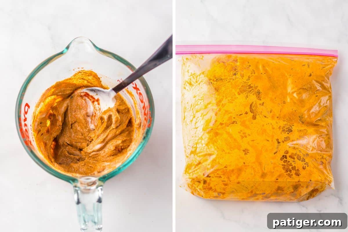 Melt-in-Your-Mouth Slow Cooker Chicken Shawarma 5 Shawarma marinade mixed in a glass measuring cup and coated on chicken in a plastic zip-top bag.