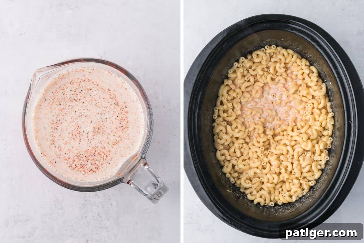 A two-image collage showing a measuring cup filled with a seasoned milk mixture on the left, and on the right, drained elbow macaroni in a black slow cooker with the milk mixture poured over it.