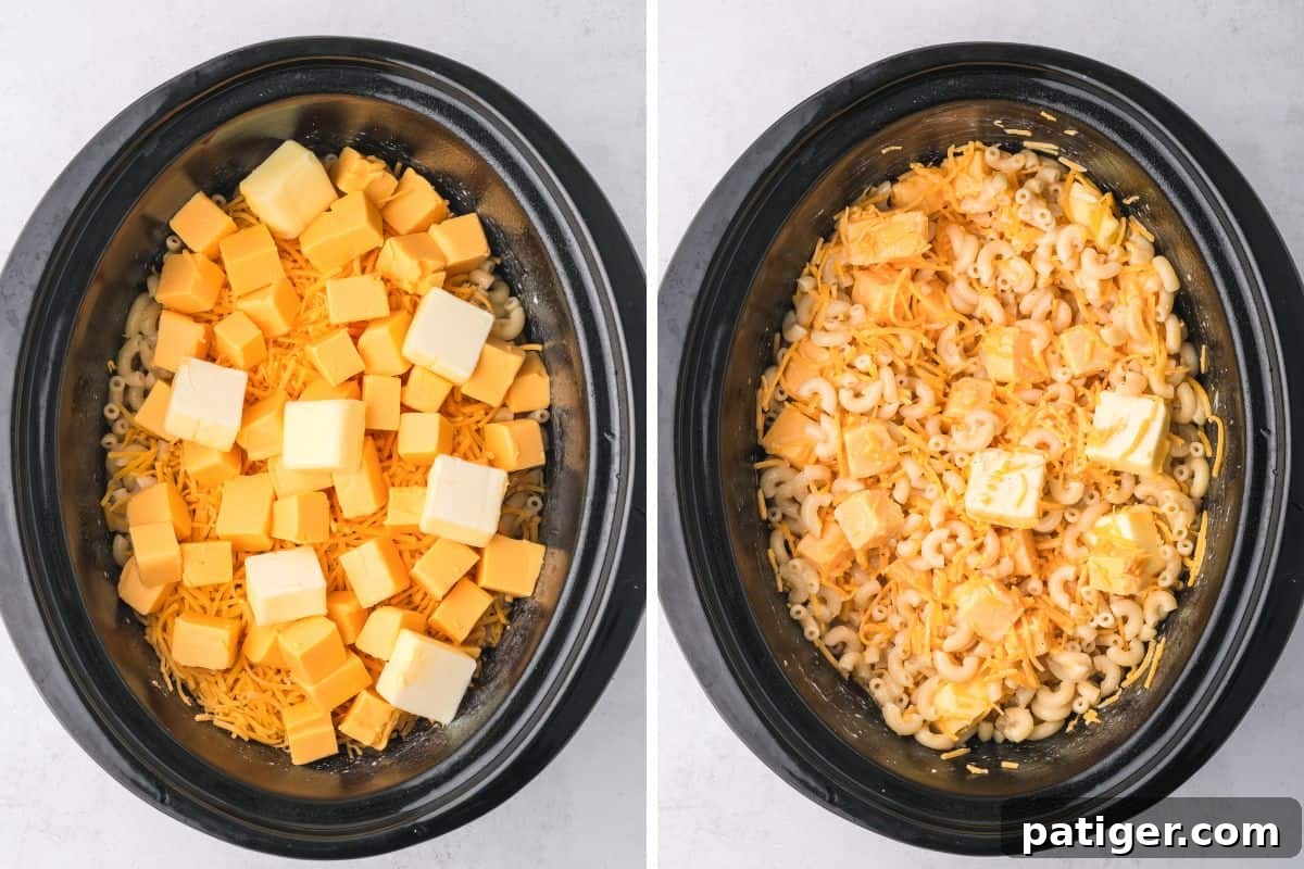 A two-image collage showcasing the progression in a Crock-Pot: the left image displays macaroni topped with cubed Velveeta, shredded cheddar, and butter before mixing, while the right image shows the same ingredients after being fully stirred together, ready for cooking.